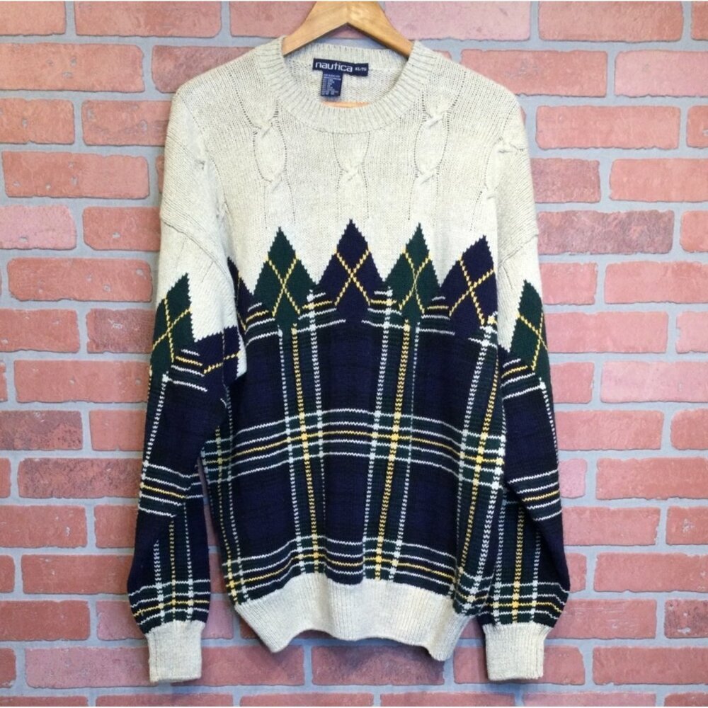 Vintage Nautica Pullover Sweater Beige Navy Green Plaid Diamond Pattern Size XL